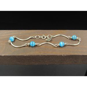 8" Sterling Silver Light Blue Cat's Eye Bracelet Vintage Elegant Beautiful